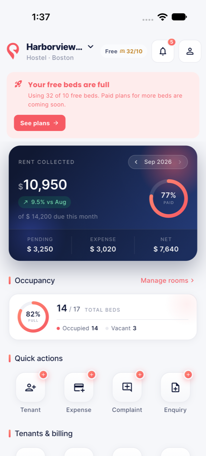 Dormingo dashboard showing rent collected, occupancy and quick actions