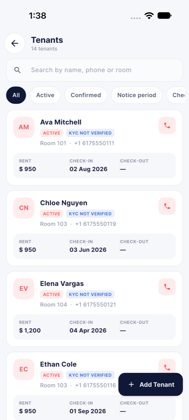 Tenants list screen