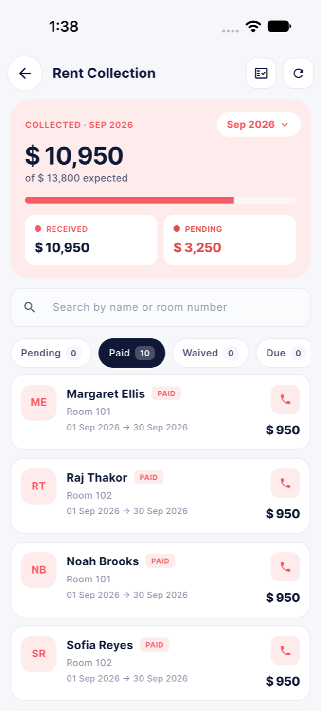 Rent collection screen